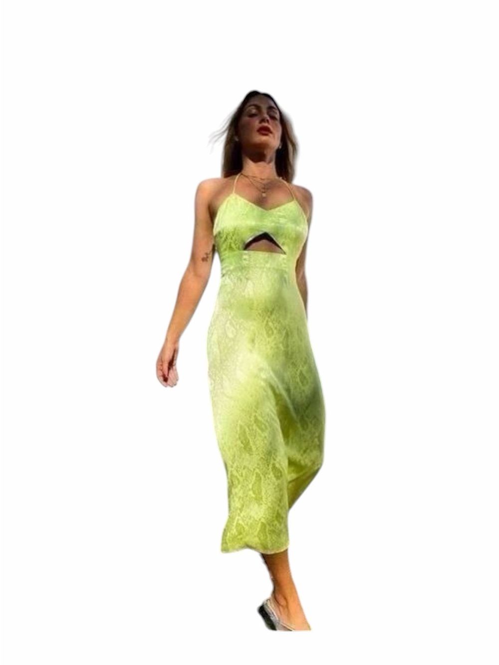 AFRM Radish Dress in Lime Green Snake Jacquard Midi Halter Front Cutout Slip NWT